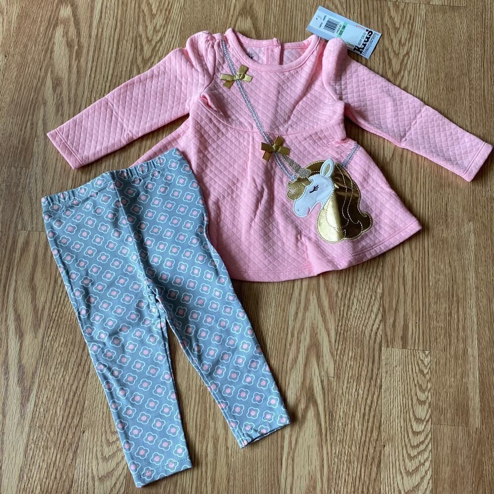 Kids Headquarters Unicorn Metallic Long Sleeve 2 Piece Set Pink Gray 18 Months